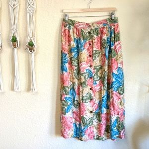 Vintage Hawaiian Tropical Floral Leaf Midi Skirt L